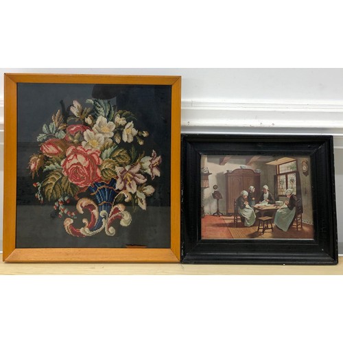 9136 - A Woolwork picture, still life of flowers, framed, 40.5cm x 37.5cm overall, a coloured print depicti... 