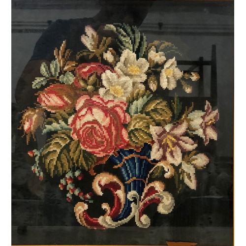 9136 - A Woolwork picture, still life of flowers, framed, 40.5cm x 37.5cm overall, a coloured print depicti... 