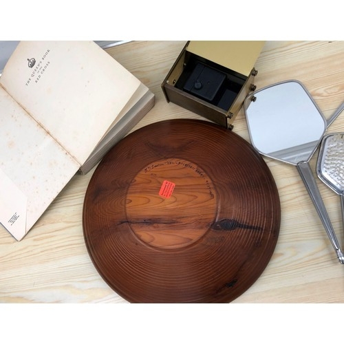 9137 - A Treen Tim Lawson yew fruit bowl, 34cm diameter, The Queen's Book of the Red Cross, a military smal... 