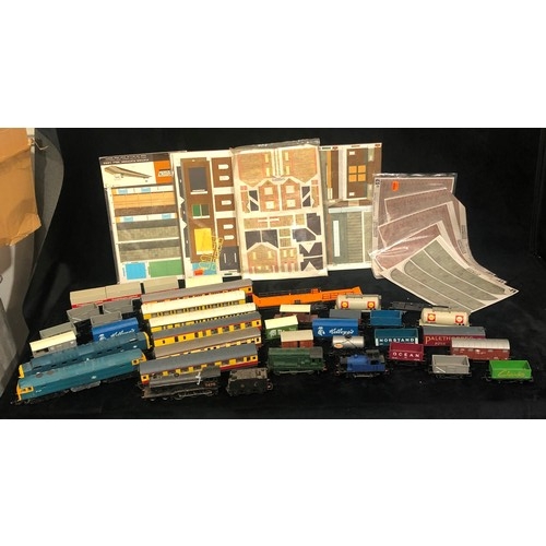 9163 - 5 various Hornby engines and a quantity of various carriages, trucks, buildings, labels etc.