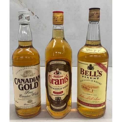 9167 - 3 bottles of Whisky, Bells Finest 1ltr, Canadian Gold 70cl and Grant's 75cl (3)