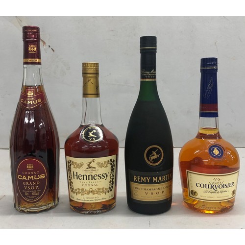 9169 - 4 bottles of brandy, Hennessy 70cl, Courvoisier VS Cognac 70cl, Camus Grand VSOP 70cl and Remy Marti... 