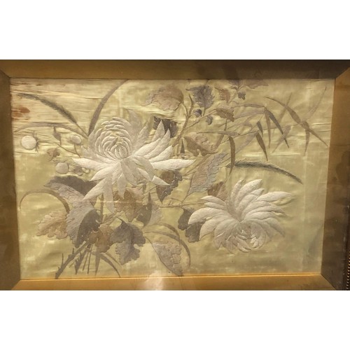 9207 - A needlework silk picture, still life (damage to silk), in gilt frame, 24cm x 37cm, an oil on board ... 