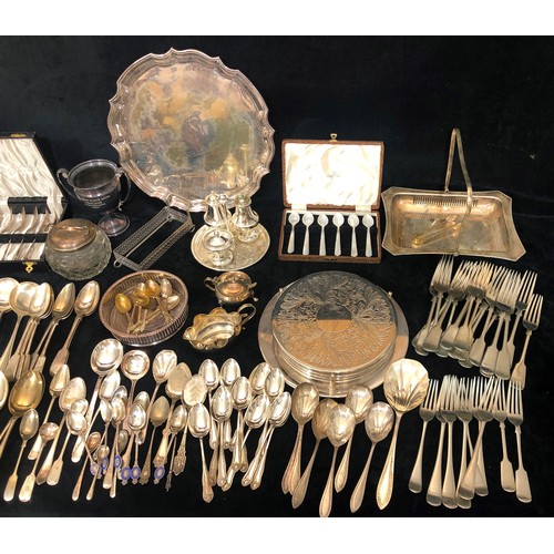 9211 - A silver plated round salver, 12 silver plated place mats and a quantity of various silver plated co... 