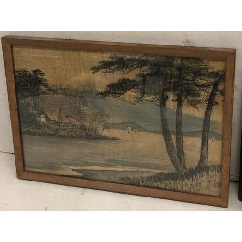 9237 - 3 Oriental silk panels depicting river landscapes, framed, 17.5cm x 26.5cm and an Eastern carved woo... 