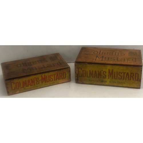 9242 - 2 Colman's Mustard advertising boxes with hinged lids, largest 48cm wide, 29cm deep, 18cm high