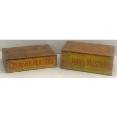 9242 - 2 Colman's Mustard advertising boxes with hinged lids, largest 48cm wide, 29cm deep, 18cm high