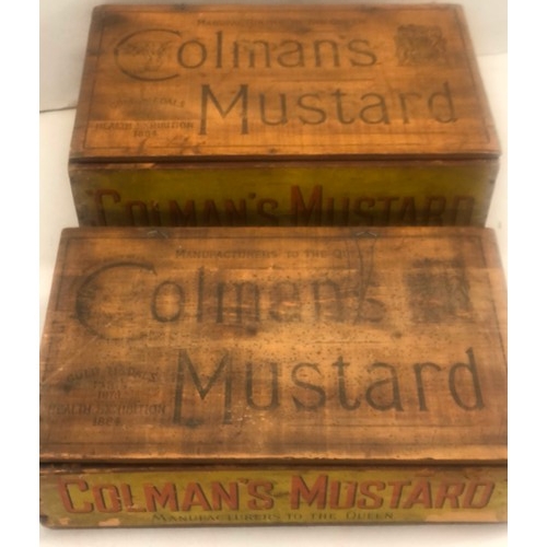 9242 - 2 Colman's Mustard advertising boxes with hinged lids, largest 48cm wide, 29cm deep, 18cm high