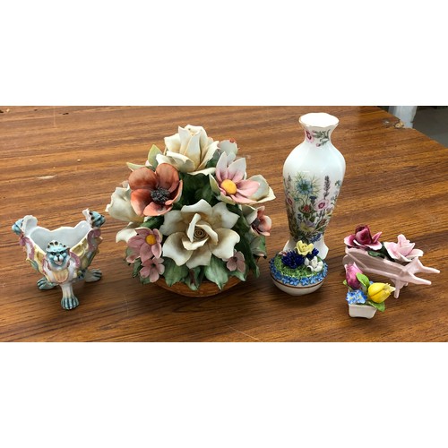 9144 - A  Capodimonte large Dino Cucinelli encrusted floral ornament, 17cm and 5 various other china items ... 