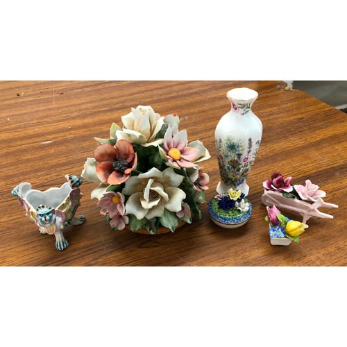 9144 - A  Capodimonte large Dino Cucinelli encrusted floral ornament, 17cm and 5 various other china items ... 