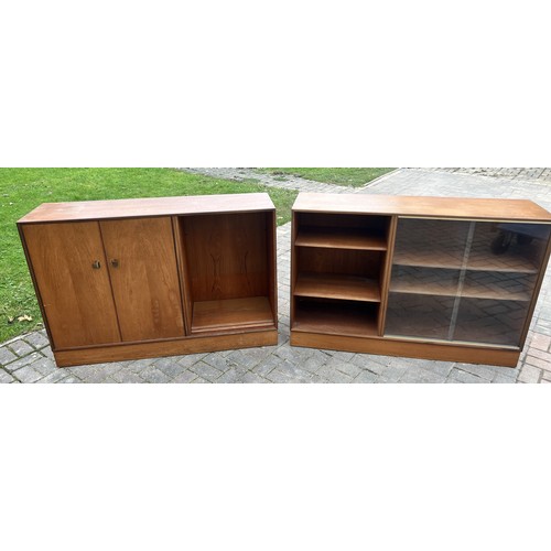 9275 - 2 Minty (Oxford) teak cupboards, 130cm wide, 38cm deep, 88cm high. This item is held in storage, ple... 