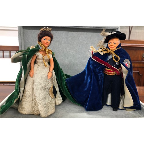 9285 - 2 Peggy Nisbet Collectors Costume dolls, 19cm high, Queen Elizabeth II in robes of the Order of the ... 