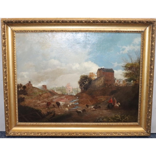 103 - A 19th Century oil on canvas, 44cm x 59.5cm, depicting farmyard with figures, animals and buildings ... 