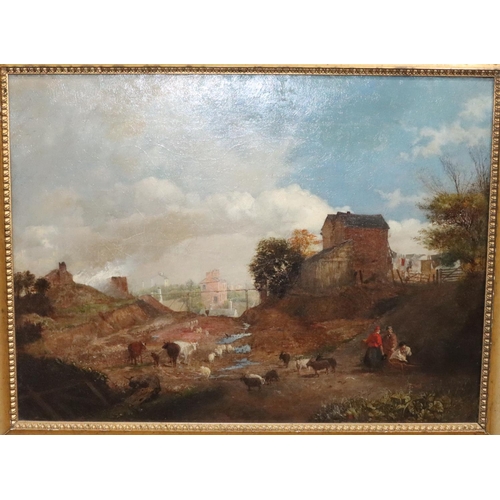 103 - A 19th Century oil on canvas, 44cm x 59.5cm, depicting farmyard with figures, animals and buildings ... 