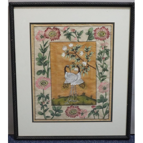 104 - An Indian watercolour, 33.5cm x 28cm, depicting 2 birds surrounded by floral decoration, framed