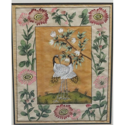 104 - An Indian watercolour, 33.5cm x 28cm, depicting 2 birds surrounded by floral decoration, framed