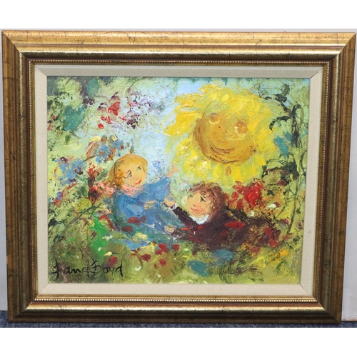 David Boyd (1924-2011 Australia), oil on board, 24cm x 29.5cm, "Playing the Sun", signed and labelled to reverse, in gilt frame