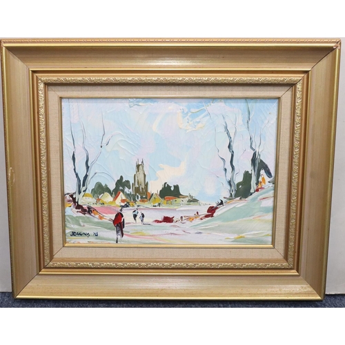 George Deakins, oil on canvas, 24.5cm 34.5cm, depicting figures in winter landscape with church and building in background, signed and dated '78, in gilt frame