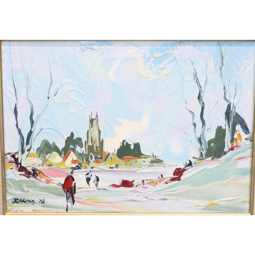 110 - George Deakins, oil on canvas, 24.5cm 34.5cm, depicting figures in winter landscape with church and ... 