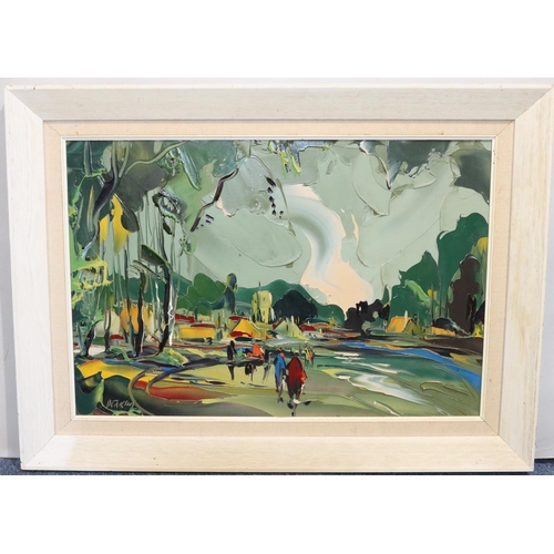 111 - George Deakins, colourful oil on board, 40cm x 59cm, depicting figures with buildings in background,... 