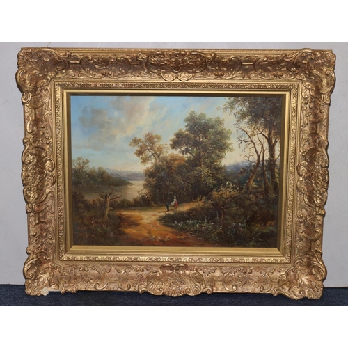 117 - A reproduction oil on panel, 29cm x 39cm, depicting 2 figures on wooded country path overlooking riv... 