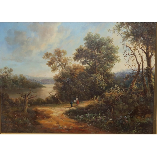 117 - A reproduction oil on panel, 29cm x 39cm, depicting 2 figures on wooded country path overlooking riv... 