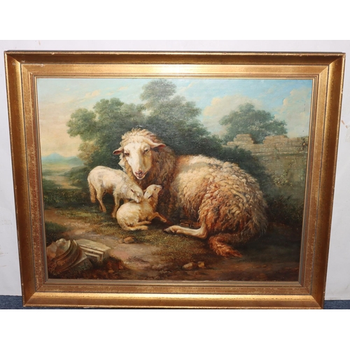 119 - Eugene Joseph Verboeckhoven (Belgium), oil on board, 62cm x 77cm, depicting Sheep and 2 lambs restin... 