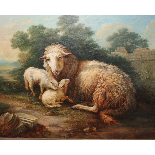 119 - Eugene Joseph Verboeckhoven (Belgium), oil on board, 62cm x 77cm, depicting Sheep and 2 lambs restin... 