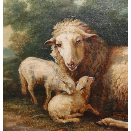 119 - Eugene Joseph Verboeckhoven (Belgium), oil on board, 62cm x 77cm, depicting Sheep and 2 lambs restin... 