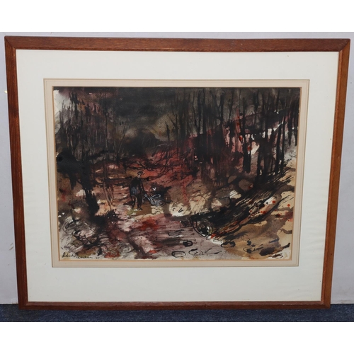 120 - Robert Scanlan, watercolour, 34.5cm x  45cm, depicting 2 figures on woodland path, signed and dated,... 