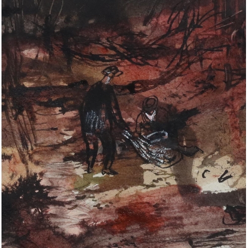 120 - Robert Scanlan, watercolour, 34.5cm x  45cm, depicting 2 figures on woodland path, signed and dated,... 