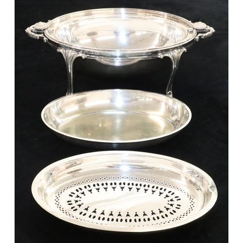 127 - A silver plated oval 2-handled breakfast dish with swivel top enclosing liner, on 4 splayed legs, 33... 