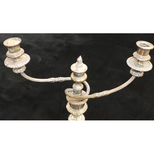 129 - A pair of 19th Century Sheffield plated 3-light 2-branch candelabras with reeded scroll arms, turned... 