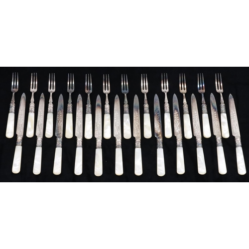 132 - A set of 12 silver plated and Mother of Pearl handled fruit knives and forks, comprising of 12 knive... 