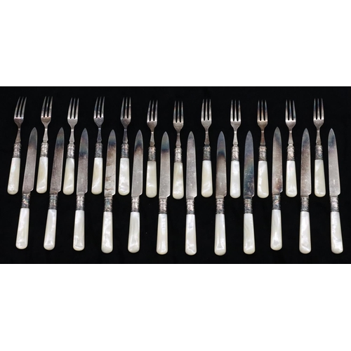 132 - A set of 12 silver plated and Mother of Pearl handled fruit knives and forks, comprising of 12 knive... 