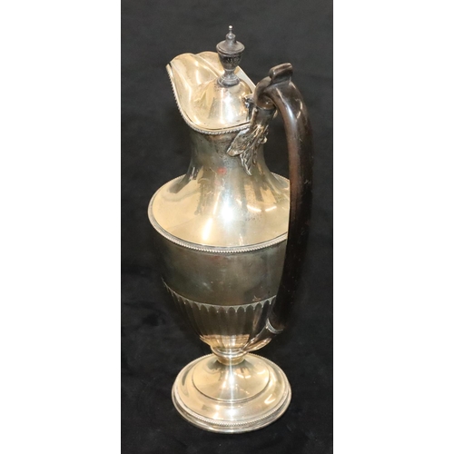 145 - A late Victorian silver round bulbous thin necked water jug with hinged lid and ebonised handle and ... 