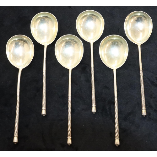 146 - A set of 6 Russian silver gilt spoons with twist handles and engraved bowls, 11oz