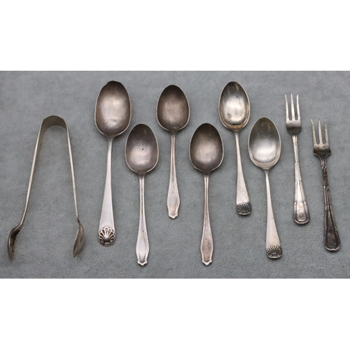 154 - 2 small Sheffield silver pickle forks, a pair of Sheffield silver sugar tongs and 6 various odd silv... 