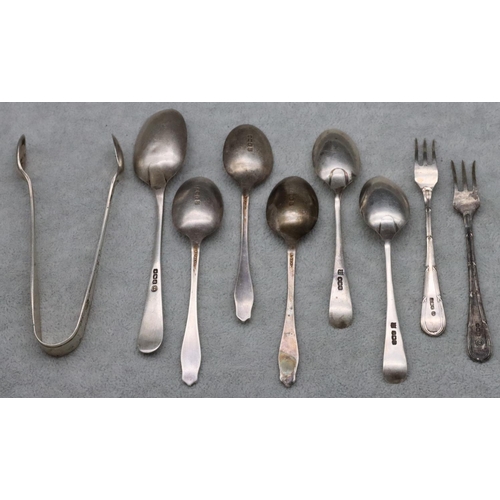 154 - 2 small Sheffield silver pickle forks, a pair of Sheffield silver sugar tongs and 6 various odd silv... 