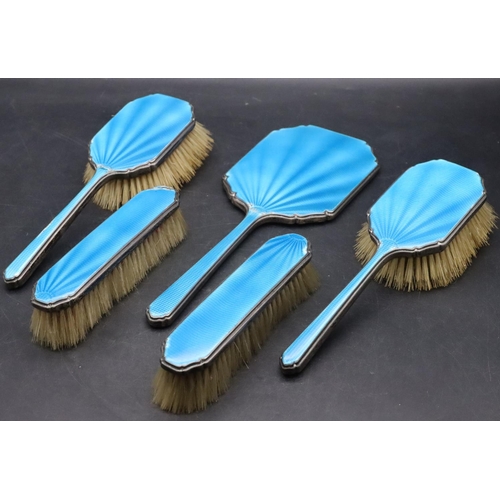 159 - A Sheffield silver and pale blue enamelled 5-piece dressing table set, comprising of hand mirror and... 