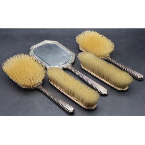 159 - A Sheffield silver and pale blue enamelled 5-piece dressing table set, comprising of hand mirror and... 