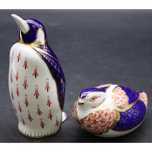 16 - 2 Royal Crown Derby paperweights in the form of a penguin and bird, on Imari pattern ground, tallest... 