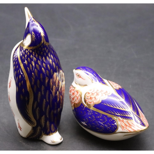 16 - 2 Royal Crown Derby paperweights in the form of a penguin and bird, on Imari pattern ground, tallest... 