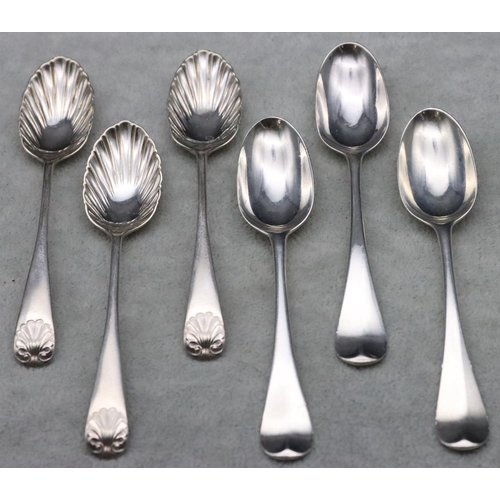 161 - A set of 3 Georgian silver teaspoons and 3 silver plated teaspoons with shell shaped bowls, weighabl... 