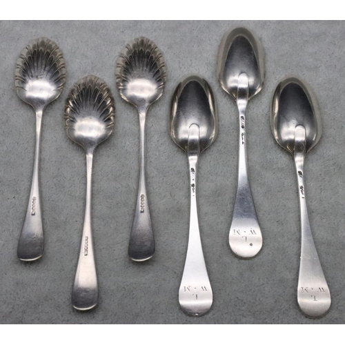 161 - A set of 3 Georgian silver teaspoons and 3 silver plated teaspoons with shell shaped bowls, weighabl... 