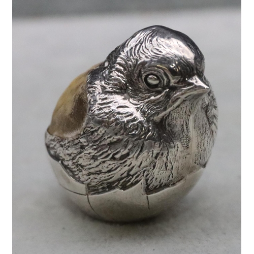 165 - An Edward VII silver novelty pin cushion in the form of a chick, Chester 1905, 4cm high