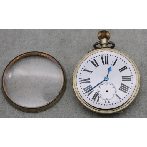 174 - A silver plated Goliath pocket watch with white enamel dial, seconds dial and Roman numerals (no sec... 