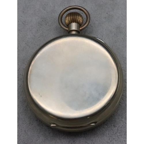 174 - A silver plated Goliath pocket watch with white enamel dial, seconds dial and Roman numerals (no sec... 