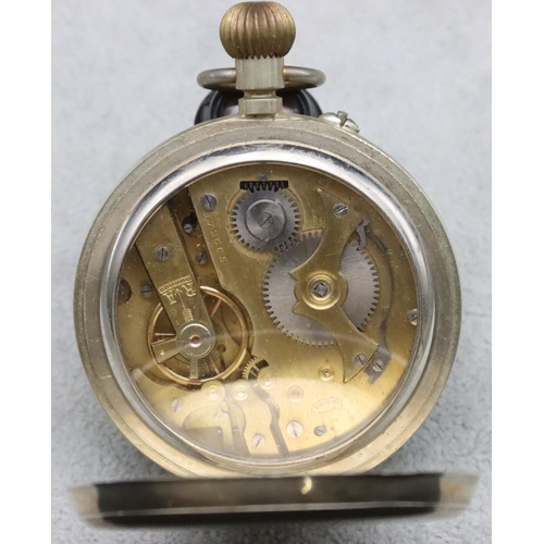 174 - A silver plated Goliath pocket watch with white enamel dial, seconds dial and Roman numerals (no sec... 