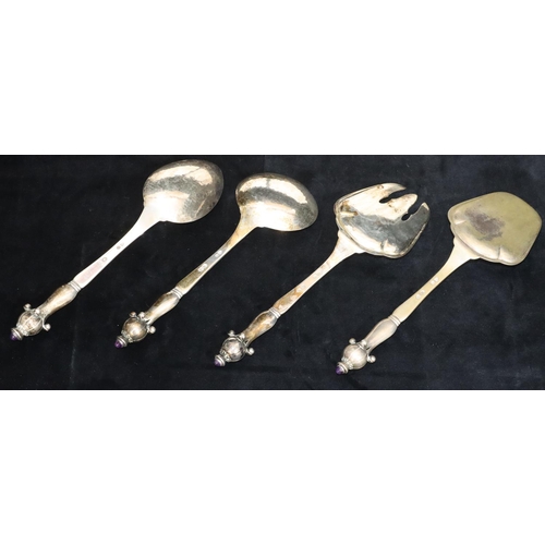 175 - 2 cased sets of Danish silver coloured metal servers with bulbous handles with amethyst finials, 14.... 